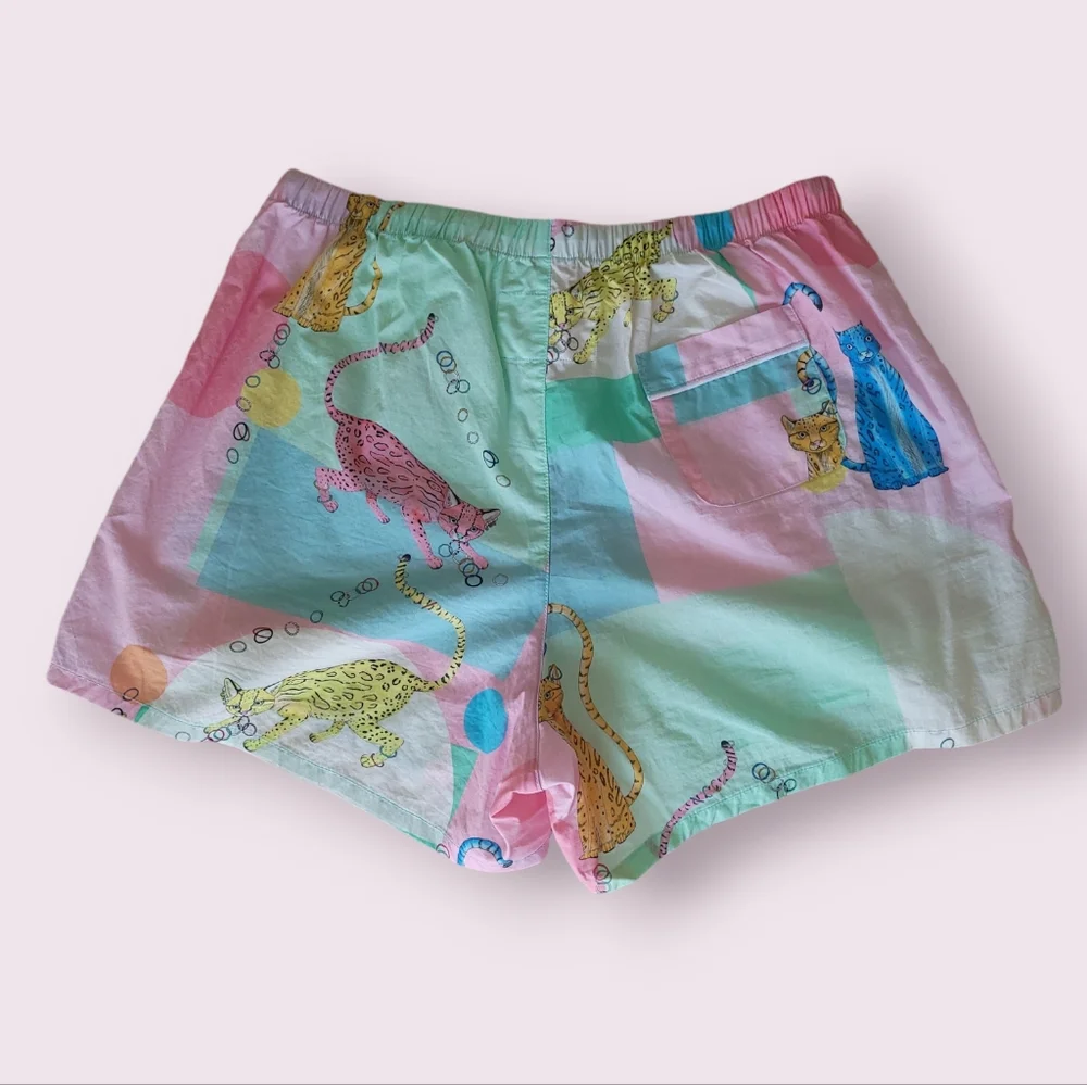 The Cat's Pajamas Size Medium Pastel Pink Blue Yellow Cat Jaguar Leopard Shorts - Picture 3 of 10